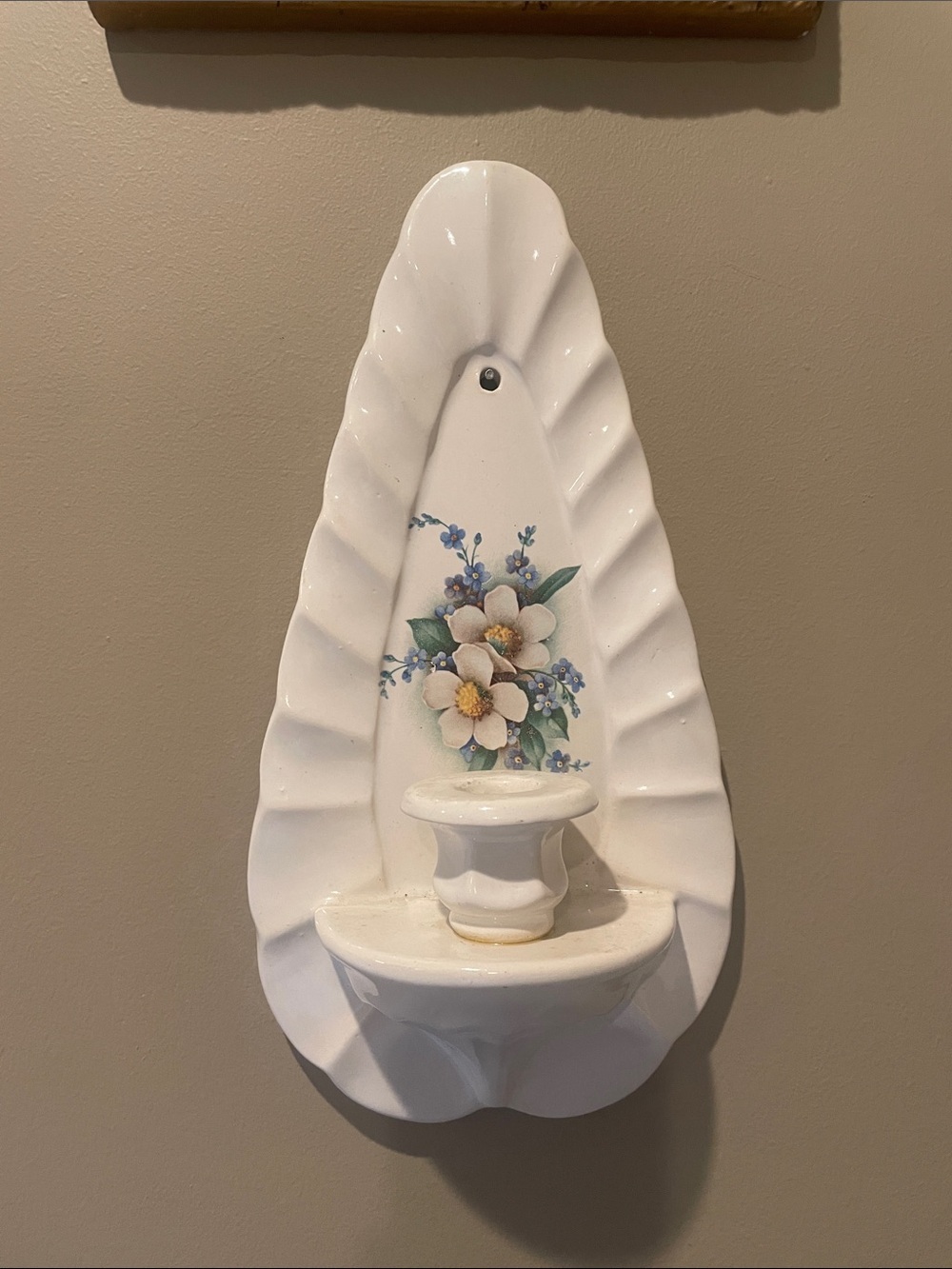 Ceramic vintage wall mount candle holder  off white floral